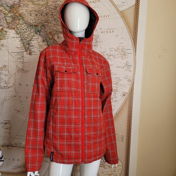 Bonfire Snowboard Company Jackets & Blazers - Bonfire Red Plaid Women's Zipper front jacket funnel collar hood gorpcore ski SP